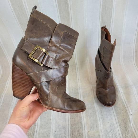 Frye Leather Andrea Mid Boots‎ Brown Size 9.5M Ankle Booties - Picture 1 of 9